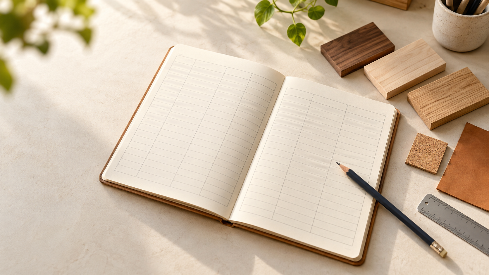 Illustrative maker workspace with an open blank project notebook, pencil and unmarked wood, cork and leather samples.