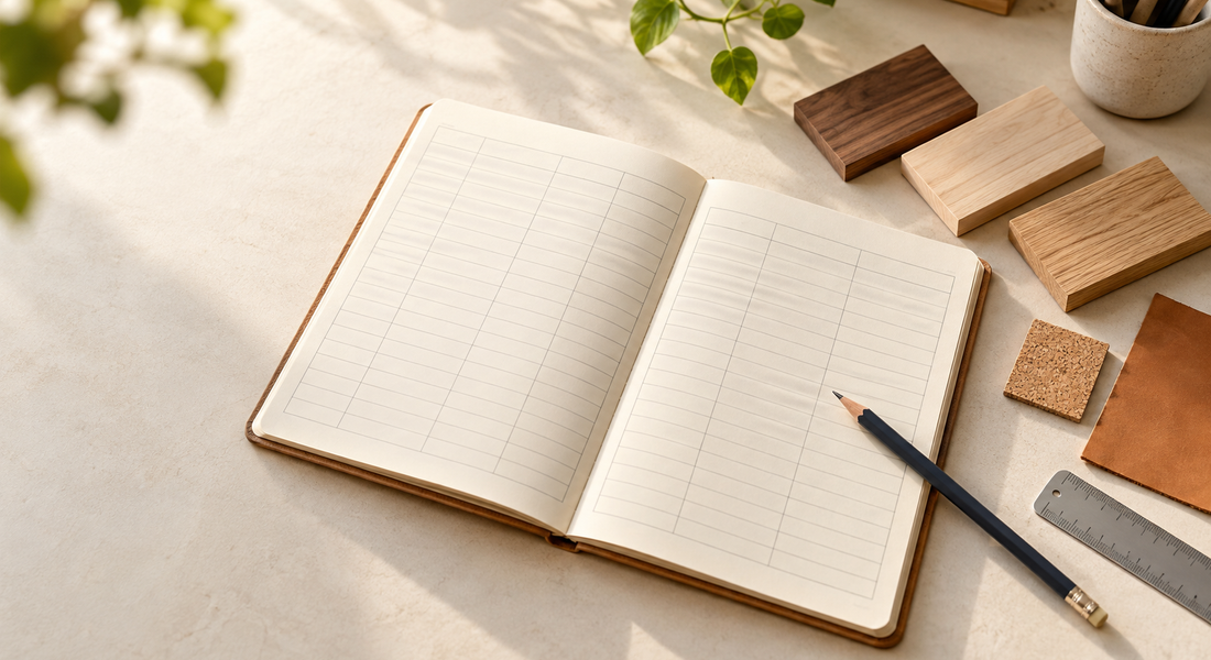 Illustrative maker workspace with an open blank project notebook, pencil and unmarked wood, cork and leather samples.