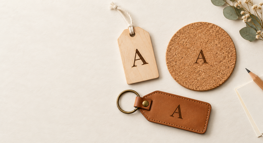 Illustrative gift-set concept with an A monogram on a wooden tag, cork coaster and tan leather tag.
