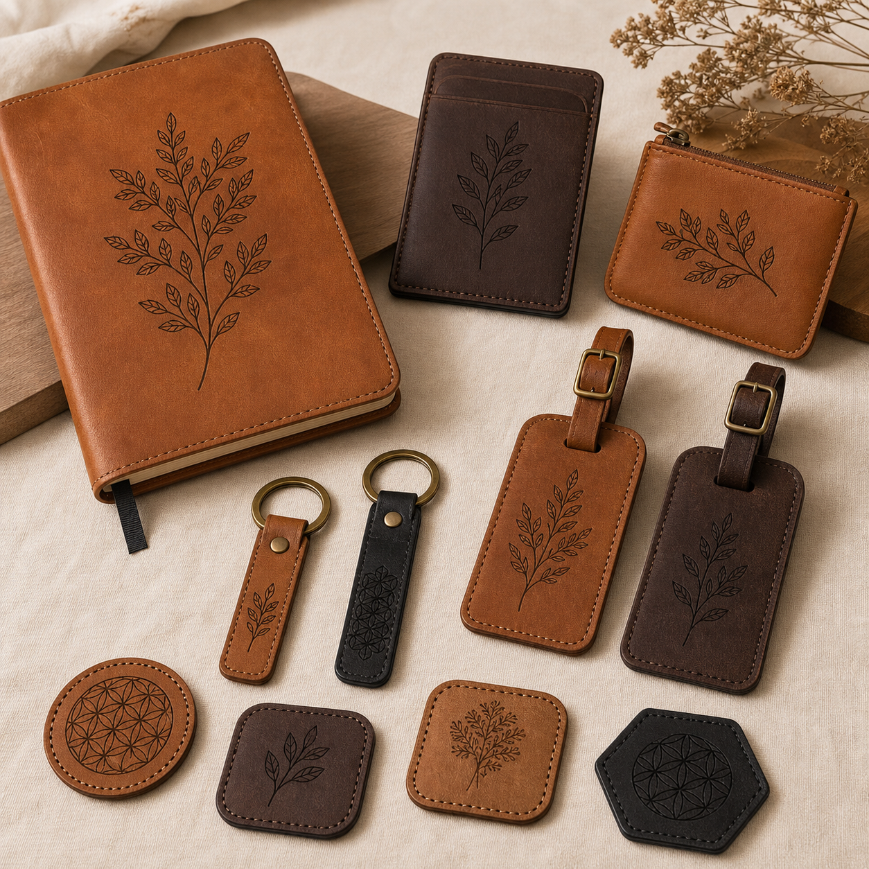 Premium engraved leather notebook luggage tags keychains and patches