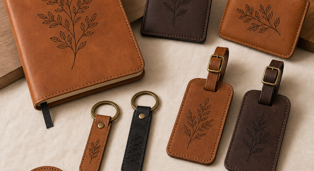 Premium engraved leather notebook luggage tags keychains and patches