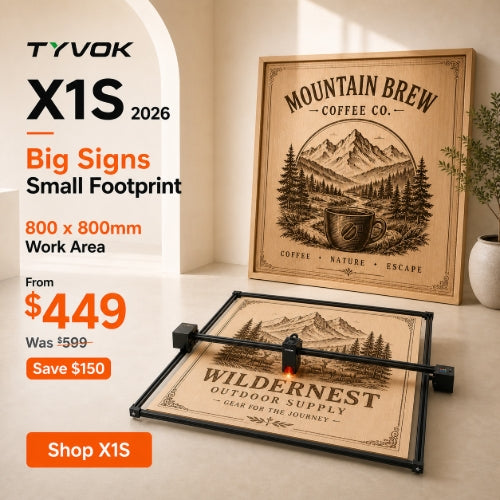 TYVOK X1S 2026 big signs from a small footprint with an 800 by 800 mm work area, from $449