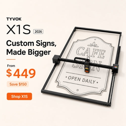 TYVOK X1S 2026 custom cafe sign project on the 800 by 800 mm configuration, from $449