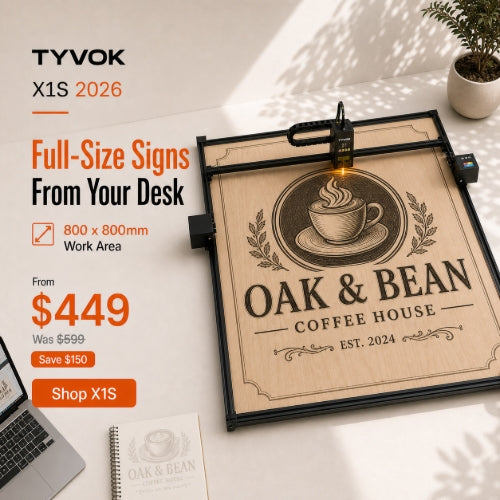 TYVOK X1S 2026 full-size sign workflow on an 800 by 800 mm desktop work area, from $449
