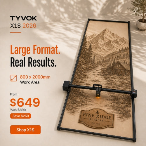 TYVOK X1S 2026 large-format wood engraving result on the 800 by 2000 mm configuration, from $649