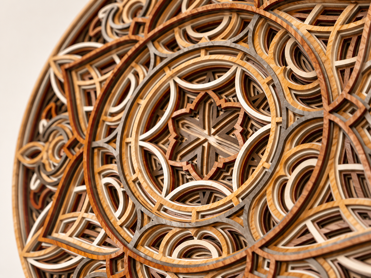 Restyled close-up of a layered wooden mandala design