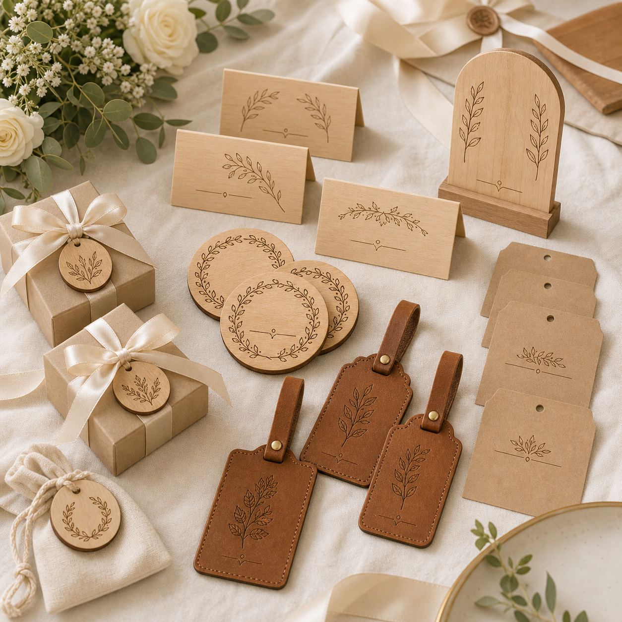 Elegant engraved wooden place cards coasters leather tags and event favor boxes