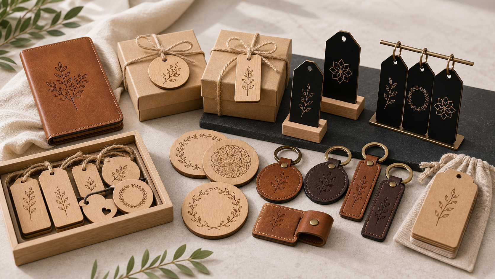 Shop-ready engraved leather wood gift packaging and black display tag product collection
