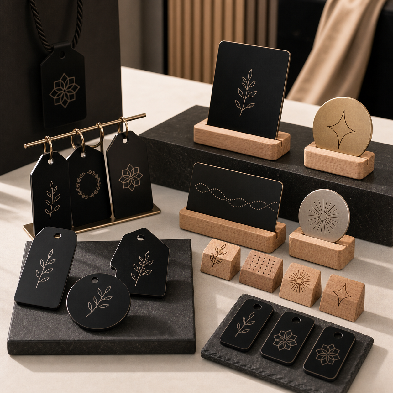 Modern black retail tags display plaques and small merchandising signs