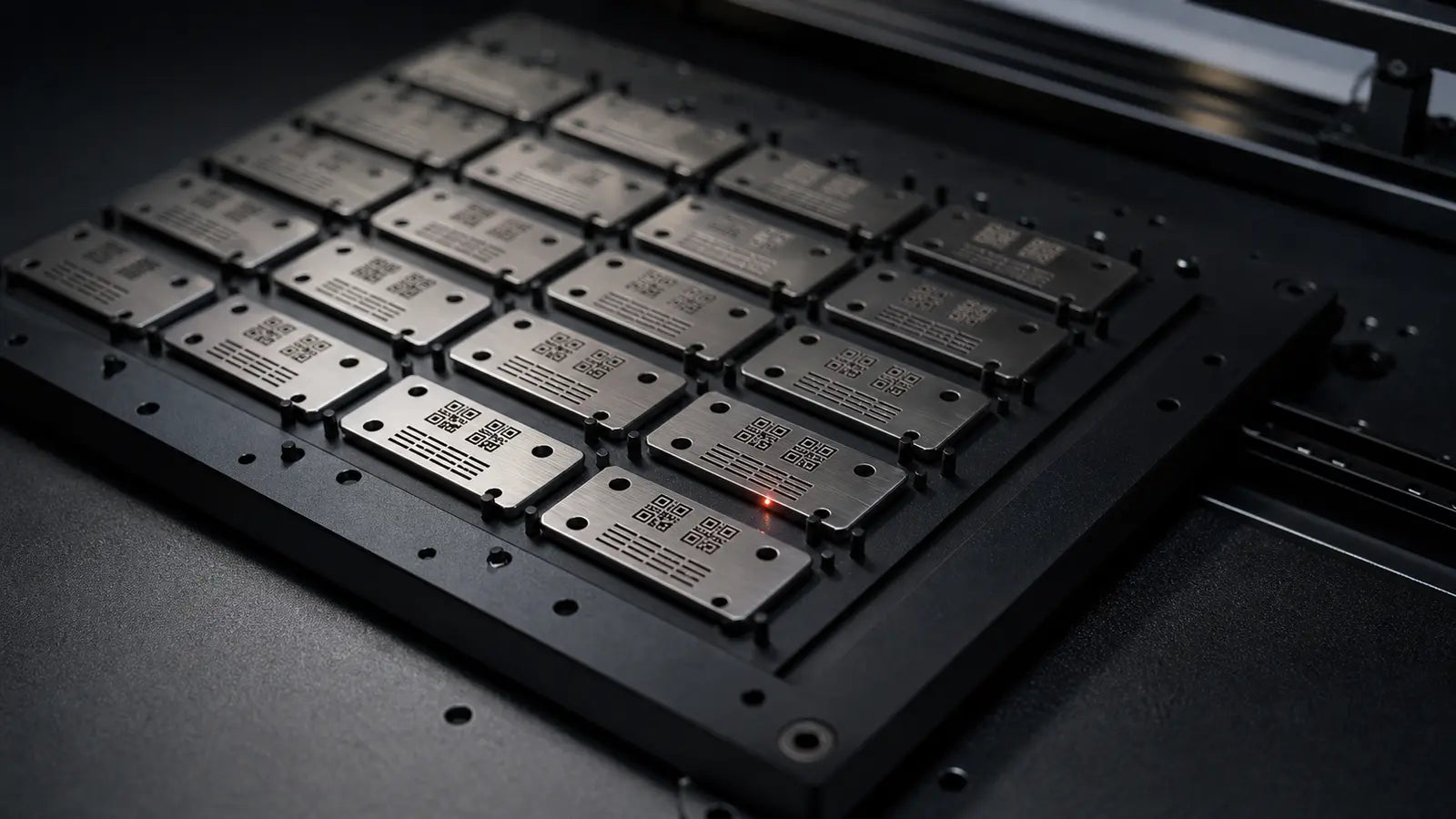 Batch metal tag engraving detail for workflow preview and sample verification