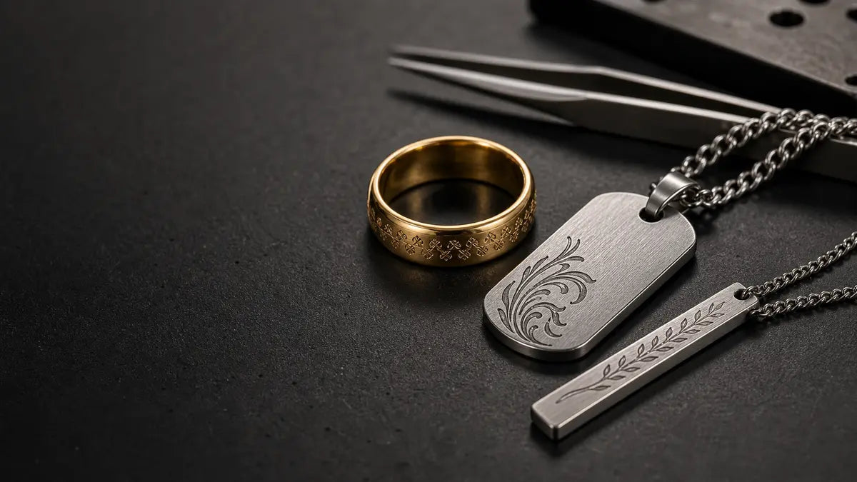 Premium jewelry personalization samples with engraved metal ring and pendant