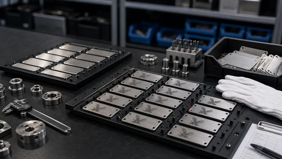Small batch metal marking fixture tray with repeated engraved stainless steel tags