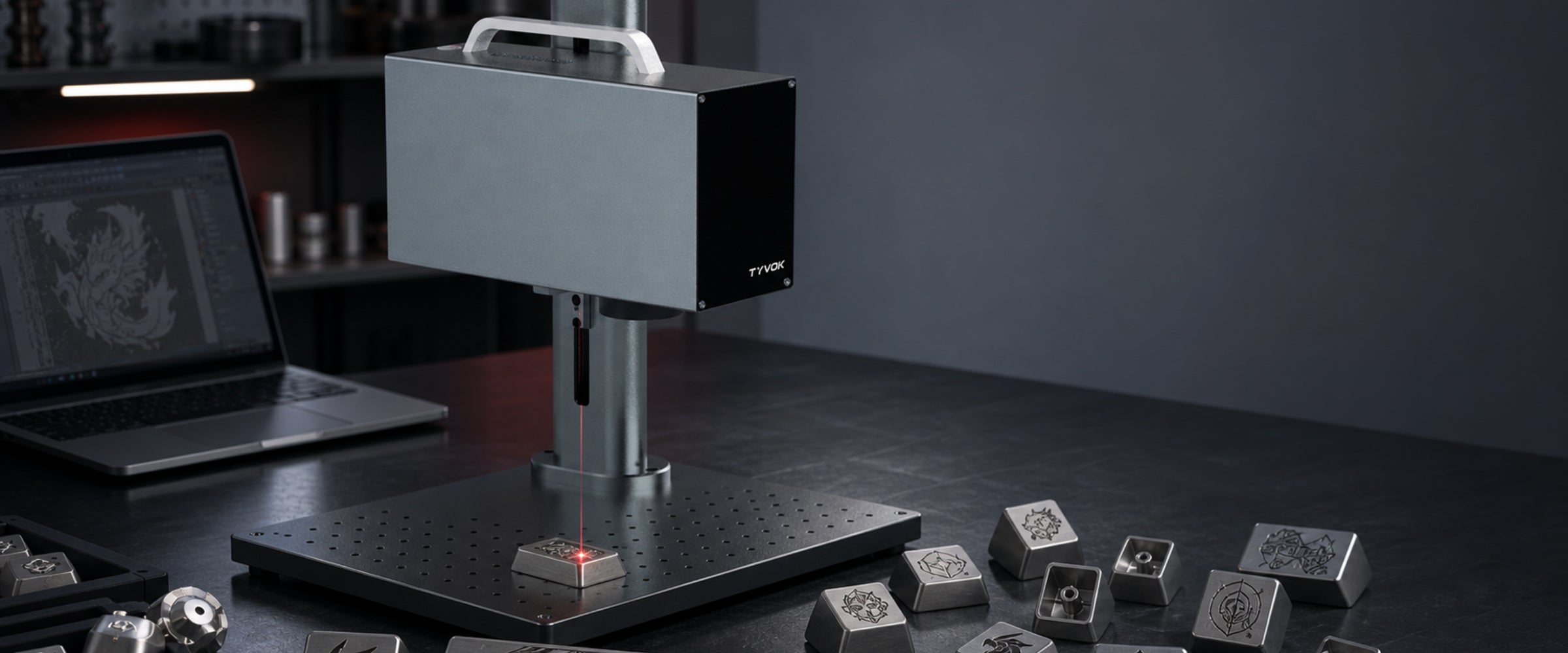Tyvok P2 Ultra 20W 1064nm fiber laser engraver with desktop production accessories