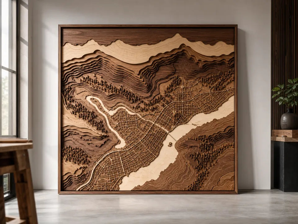 AI-assisted visualization of finished large-format layered wood wall art for a TYVOK X1S workflow