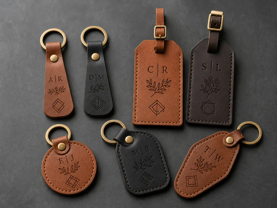 Concept visualization of engraved leather keychains and luggage tags
