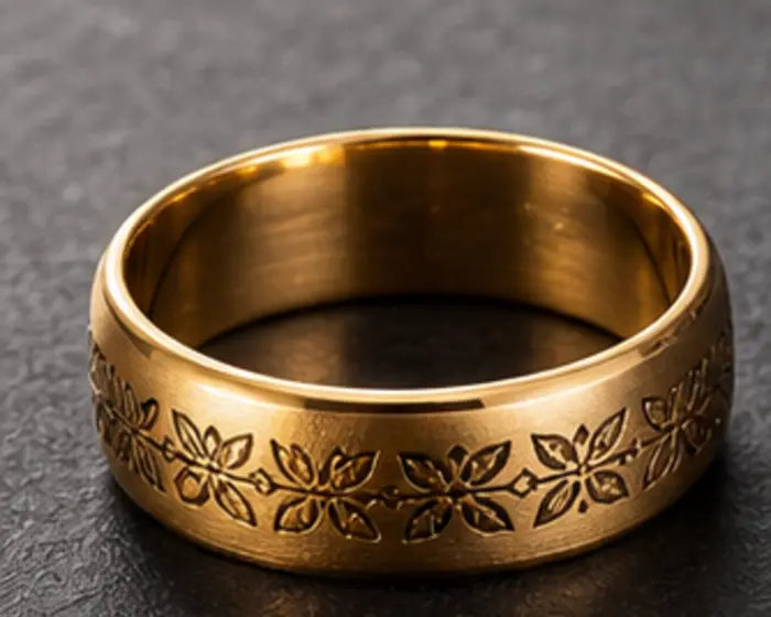 Engraved metal ring shown as a jewelry marking project reference